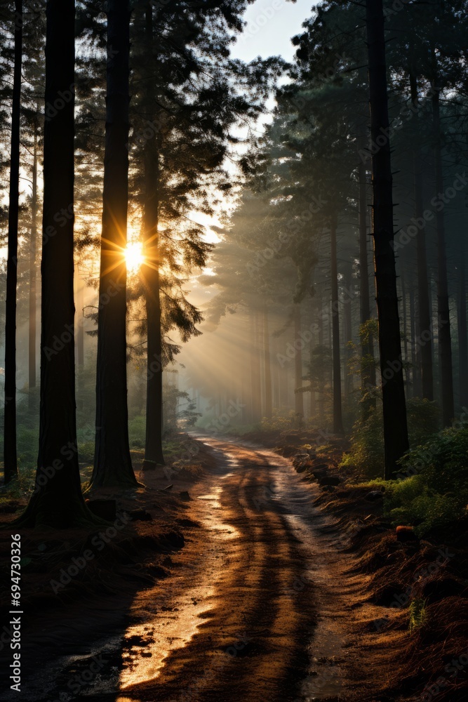 Fototapeta premium Misty morning in a pine forest with silhouetted tree trunks, Generative AI