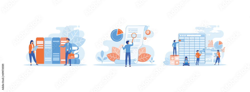 Business process, documents work flow and accounting, looks through a magnifying glass at a bill, Software for accounting with sheets, formulas, calculator. Accounting set flat vector modern