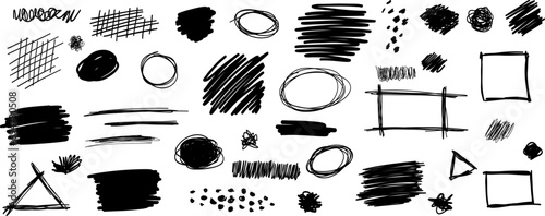 Grunge brutalism graphic elements, hand drawn brush strokes, artistic clip art set isolated freehand drawing collection