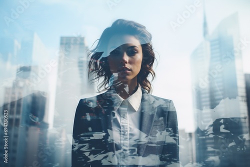 Double exposure of young businesswoman over cityscape background.