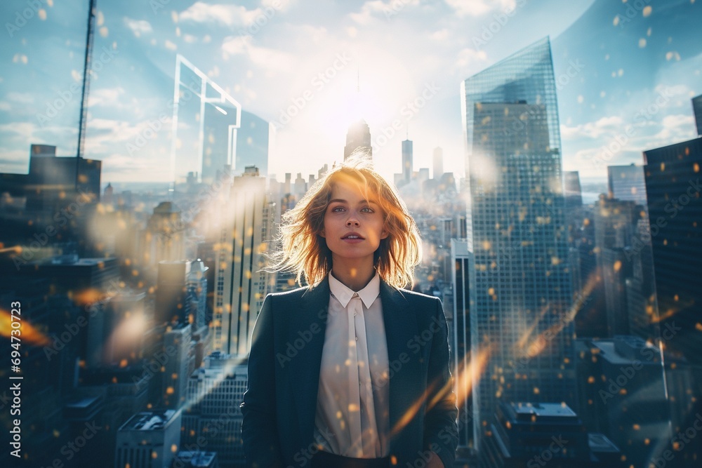 Naklejka premium Double exposure of young businesswoman over cityscape background.