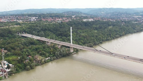 Areal shot of Liberty bridge in Novi Sad. Danube riber in background photo
