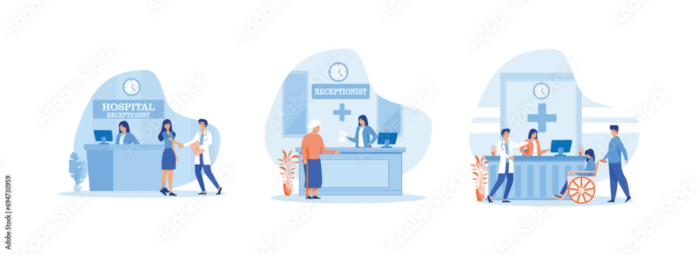 Hospital visit, happy doctor and patient handshake at the front desk, checking appointment, Reception in hospital with patients. Hospital receptionist set flat vector modern illustration - obrazy, fototapety, plakaty 