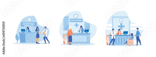 Hospital visit, happy doctor and patient handshake at the front desk, checking appointment, Reception in hospital with patients. Hospital receptionist set flat vector modern illustration