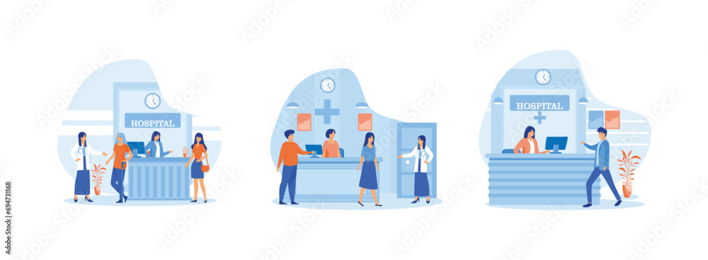 Hospital reception good work in clinic hall to help patients, Patients at a hospital reception desk registering and paying, walking to a hospital reception. Hospital receptionist set flat vector  - obrazy, fototapety, plakaty 