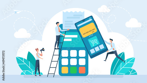 Tiny business people make a payment via mobile online banking. Smartphone pay. NFC. Credit card or contactless payment. Pos terminal confirmed the payment using a smartphone. Vector illustration