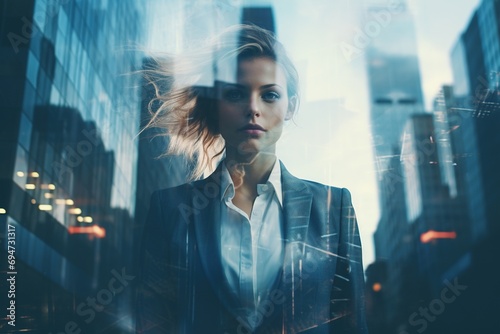 Double exposure of young businesswoman over cityscape background. photo