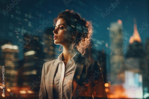 Double exposure of young businesswoman over cityscape background. © Rudsaphon