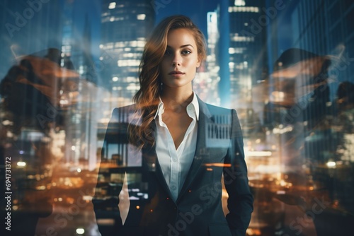 Double exposure of young businesswoman over cityscape background. photo