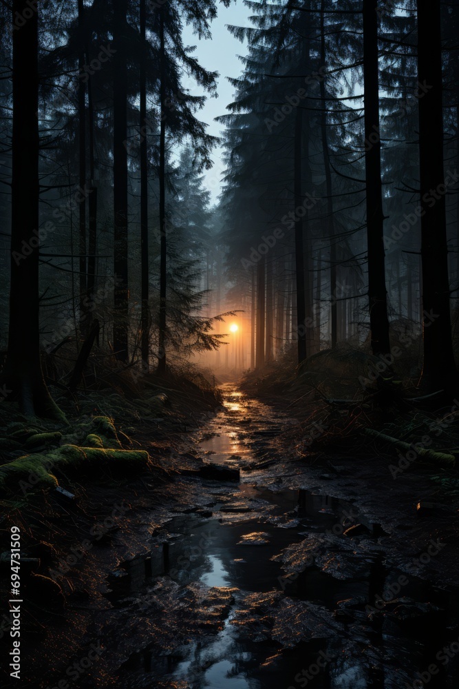 Serene forest at twilight with dark tree silhouettes, Generative AI