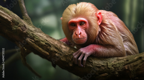 Bald uakari on a branch in rainforest. generative ai photo