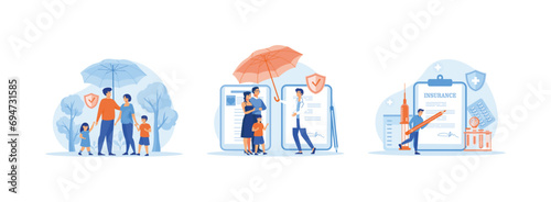 Family standing under insurance umbrella together, Shield protection for parents and children, Protect from Accident. Health Insurance set flat vector modern illustration 