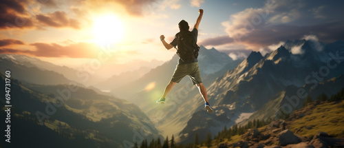 Jumping man on the mountain peak photo