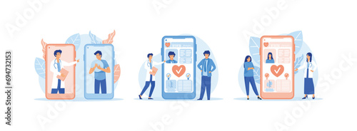 patient remote professional consultation, Electronic health record, EHR digital patient chart on smartphone, clinical data of young woman, healthcare app. Electronic Healthcare set flat vector modern 