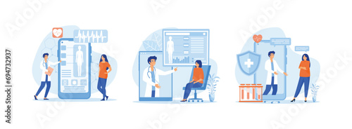online medical consultation and technology concept, Medicine online service or platform, Doctor video calling on smart phone screen. Online Medical Consultation set flat vector modern illustration