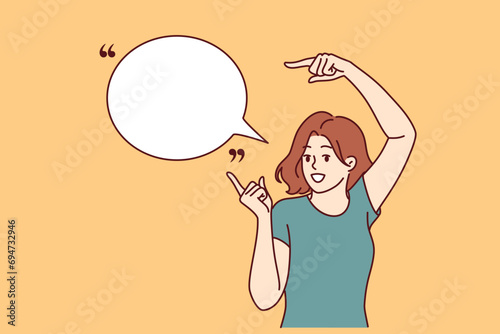 Woman promoter with smile points to speech bubble to place quote or marketing proposal. Teenage girl promoter in casual clothes stands near dialogue cloud with copy space for text.