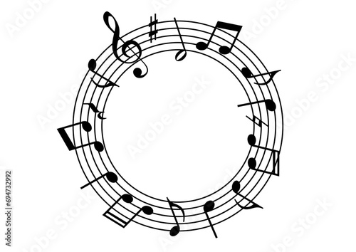 メロディーが流れる、譜面の円形フレーム。ト音記号と音符の楽譜イラスト。 photo