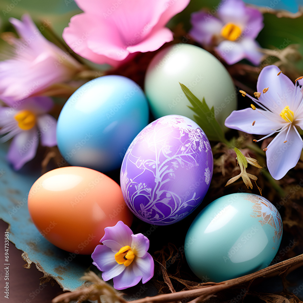 Easter eggs in pastel colors and wildflowers in the background Easter eggs in pastel colors and wildflowers in the background