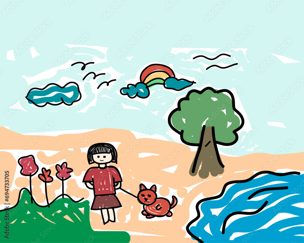 Obraz premium children drawing illustration, girl taking his pet dog to the park