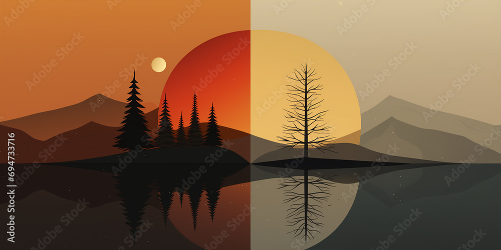 An artistic rendition of the balance between day and night, showcasing the autumnal equinox in a minimalist style.