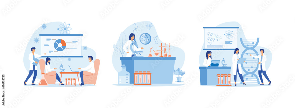 Laboratory interior, equipment and lab glassware, Chemical laboratory analysis laboratory analysis women laboratory assistant, medical microbiology vector concept. Laboratory set flat vector modern  - obrazy, fototapety, plakaty 