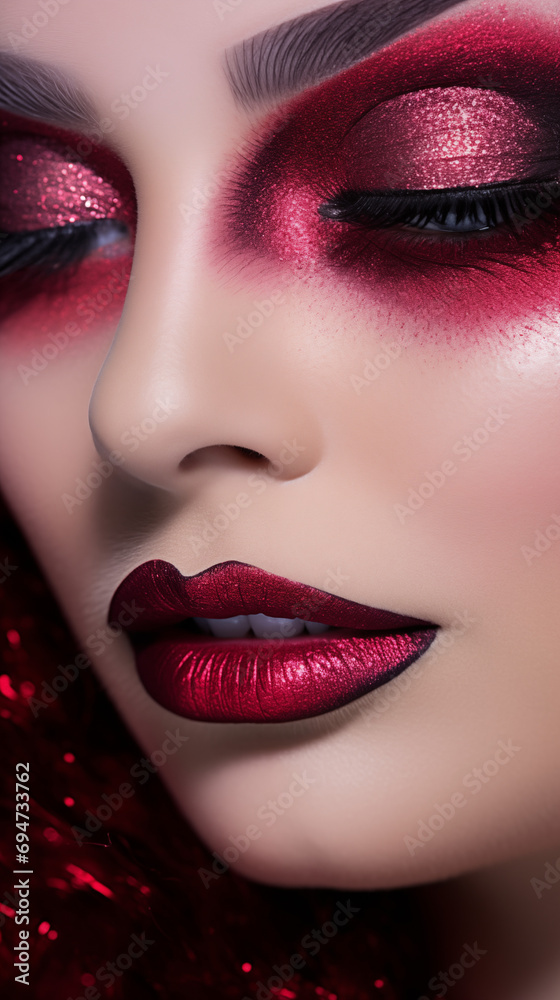 Fototapeta premium eye, make-up, fashion, eyelash, woman, beauty, eyeshadow, person, adult, cosmetic, glamour, look, mascara, face, female, young, macro, closeup, colours, elegance, eyeball, photography, skin, cover