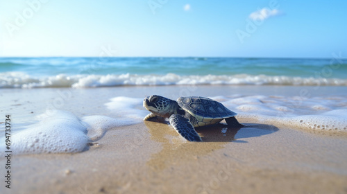Baby turtle doing her first steps to the ocean. This is the beach. generative ai