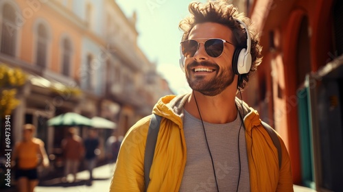 portrait of happy man wearing headphones on the street listening to music photo