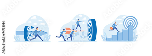 Business superhero rushing towards target, Team of Businesspeople Carrying Big Arrows with Businessman Standing on It Running to Big Target, Challenge, Problem, obstacle, Path to goal. Business target