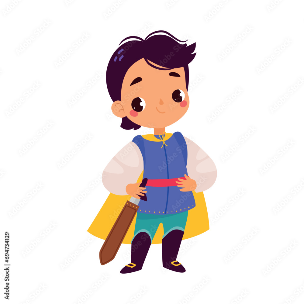 Boy Prince Stand in Cloak with Sword as Fairy Tale Character Vector Illustration