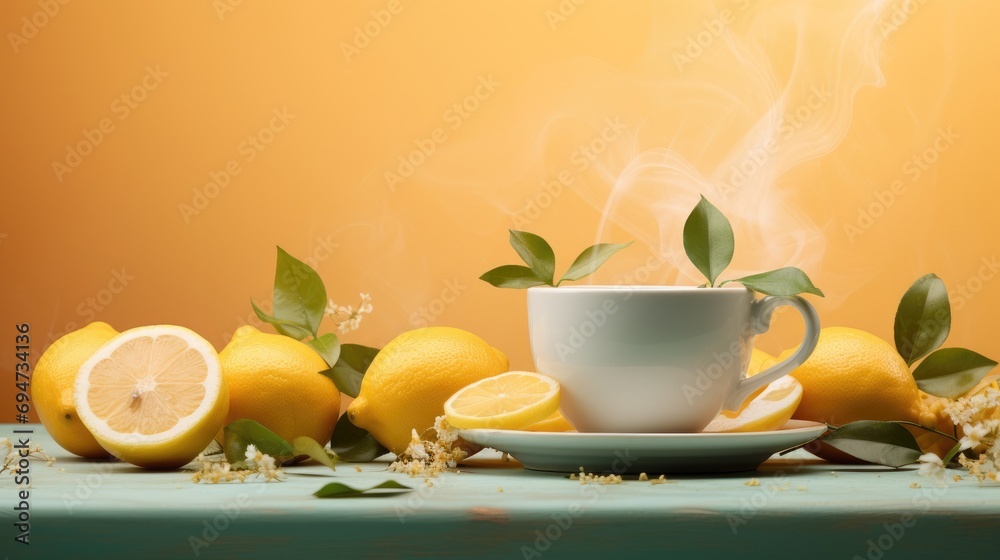teacup with tea and lemon slices in a warm cup teacup with tea and lemon slices in a warm cup