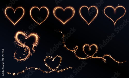 Heart gold with flashes isolated on transparent background. Light heart for holiday cards, banners, invitations. Heart-shaped gold wire glow. PNG vector	
