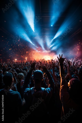 Ecstatic concert crowd silhouetted by stage lights, Generative AI