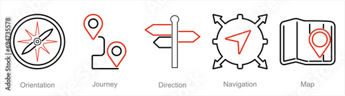 A set of 5 Adventure icons as orientation, journey, direction
