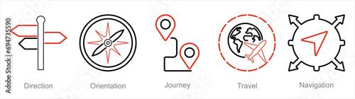 A set of 5 Adventure icons as direction, orientation, journey