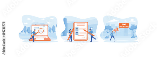 Unemployment person hold magnifying glass, Applicants Searching Job Learning Offers in Internet Resource, Riding Big Megaphone Showing Speech Bubble.  Job description set flat vector modern illustrati