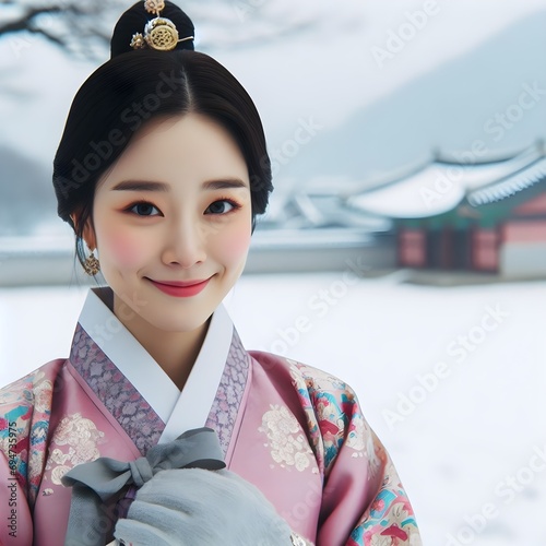 Wallpaper Mural A Korean woman wearing a hanbok and smiling politely in a snowy landscape Torontodigital.ca