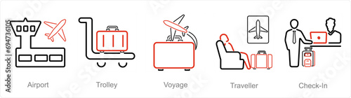 A set of 5 Airport icons as airport, trolley, voyage