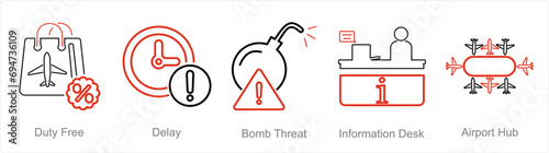 A set of 5 Airport icons as duty free, delay, bomb threat