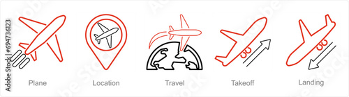 A set of 5 Airport icons as plane, location, travel
