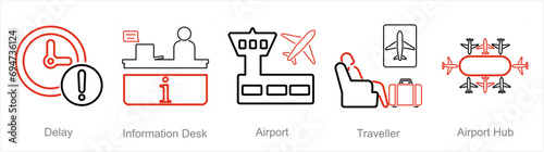 A set of 5 Airport icons as delay, information desk, airport