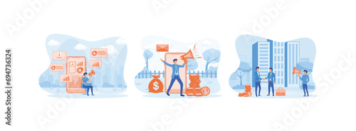 Affiliate partnership earn money, marketing, People share info about referral and earn money, People shout on megaphone with Refer a friend and get rewarded. Job referral set flat vector modern illust