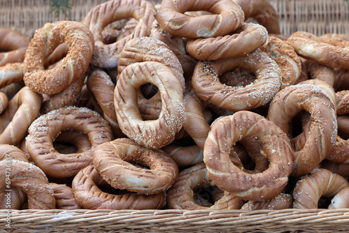 Traditional Cracovian  prezels with salt,  poppy and sesame seeds photo