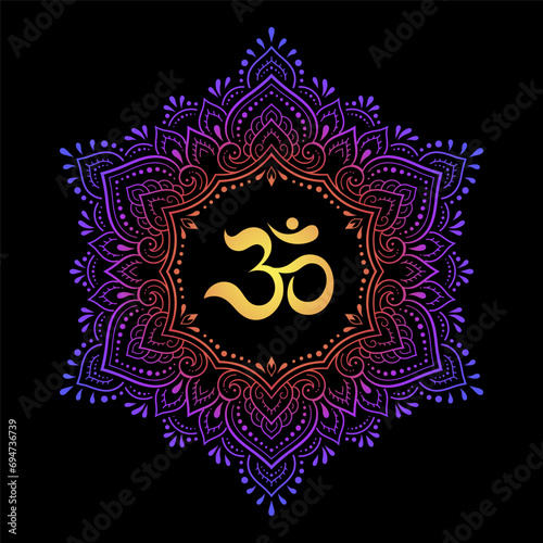 Color Circular pattern in form of mandala with ancient Hindu mantra OM and flower for Henna, Mehndi, decoration. Decorative ornament in oriental style. Rainbow design on black background.