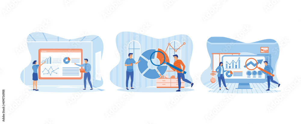 Girl and her colleague analyze information received. Analytical department. Project management. Marketing research set flat vector modern illustration 