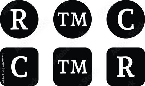 Registered, trademark, and copyright icon vector in black square and circle style. Legal product sign symbol. Vector illustration