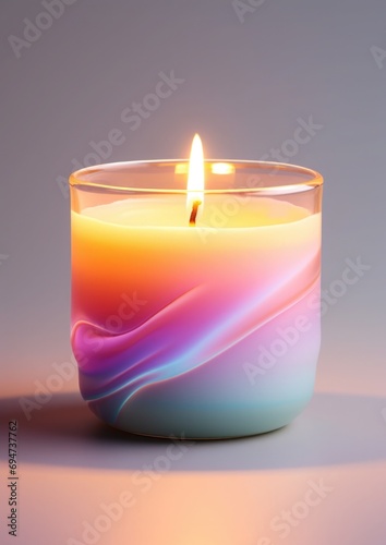 a close-up shot of a candle in rainbow colors on a white background