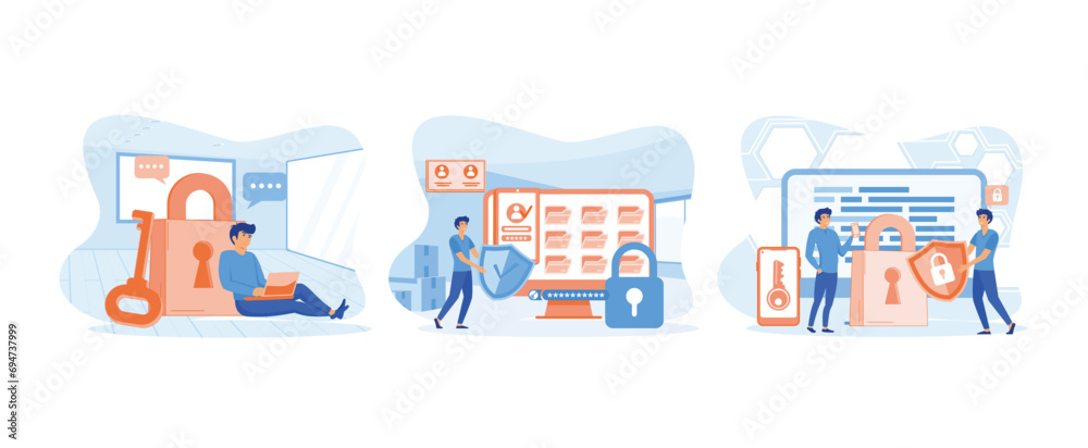 Privacy data protection, Flat personal cyber data security user with shield log in protection web access control concept, minimal outline design style for landing page. Cyber security set flat vector 