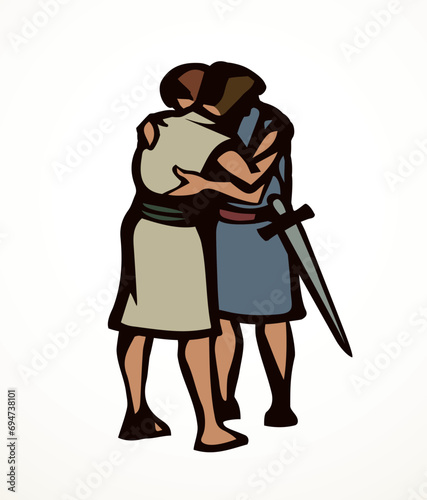 Vector drawing. People hug each other
