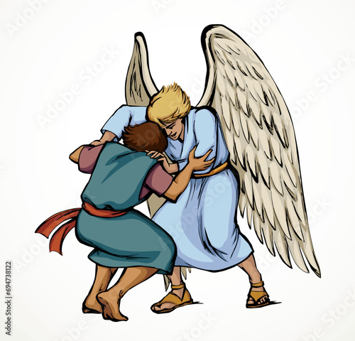 Vector drawing. Man fight with Angel